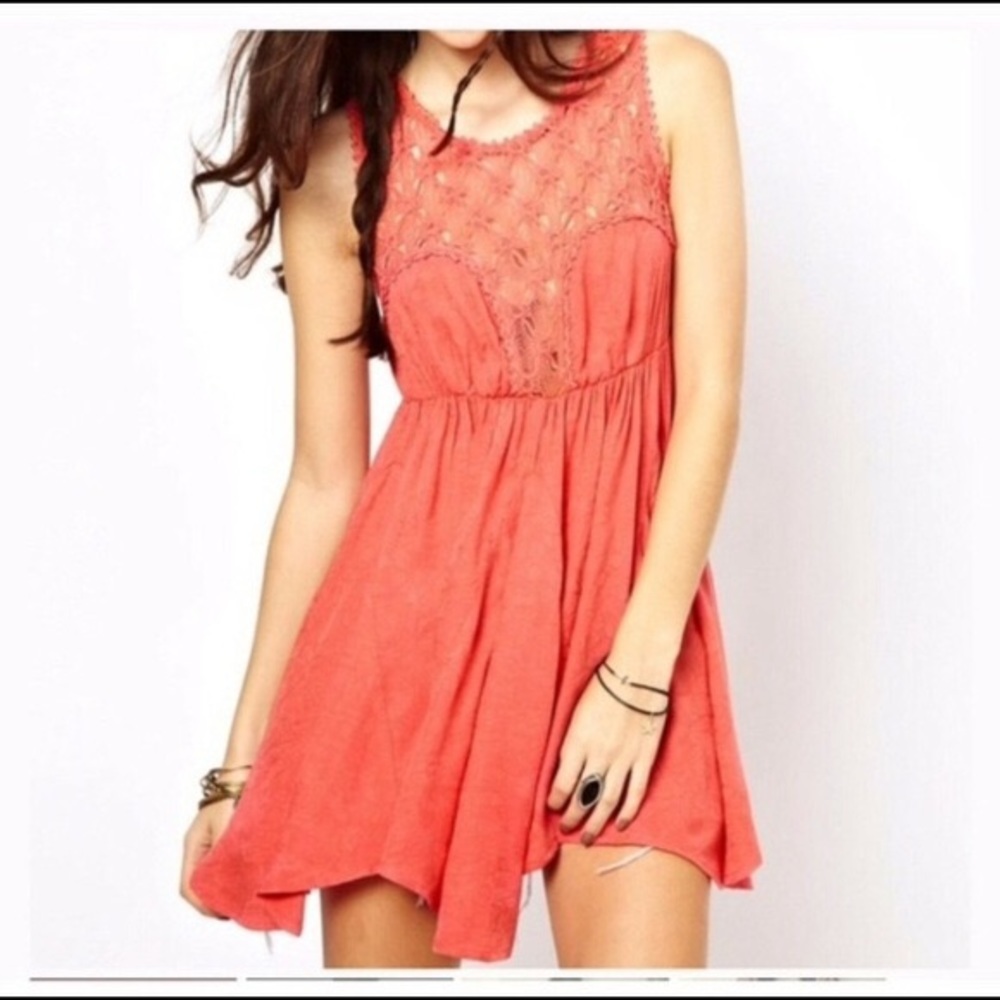 Free People Coral Fiesta Lace Detail Mini Dress Small Boho Cottagecore Summer